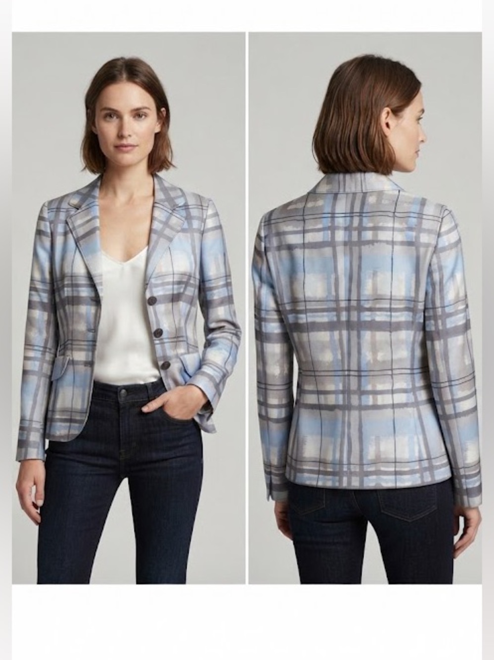 Rena Lange Light Blue and Gray Plaid Satin-Effect Blazer